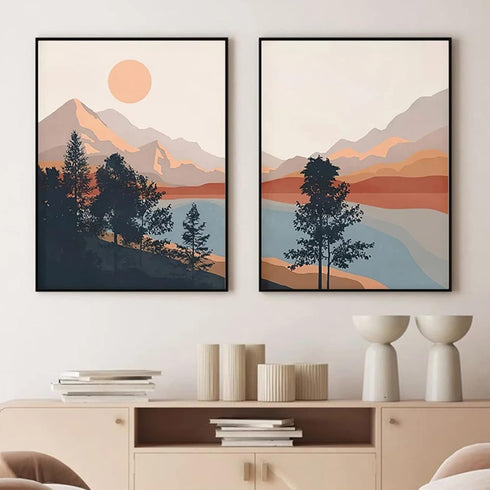 Bankrenart Nature Landscape Wall Art Prints Mountain Sun Lake Wall Art for Living Room Unframed Mid Century Wall Art Forest Pictures Artwork Boho ...