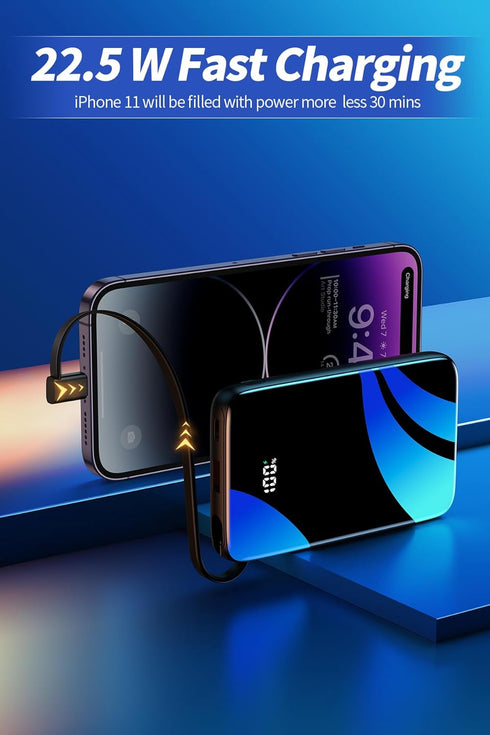 Portable iPhone Charger with Built in Cable,22.5W PD USB-C Fast Charging power bank 10000mAh,Mini Battery,light and Small External Battery Pack fo...