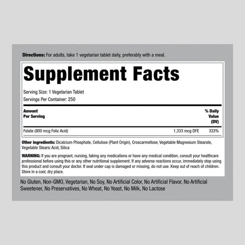 Piping Rock Folic Acid 800 mcg | 250 Tablet Capsules | Vegetarian Supplement | Non-GMO, Gluten Free...