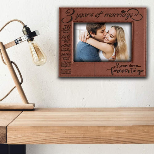 BELLA BUSTA- 3 Years of Marriage-3 years Down Forever to go-Engraved Leather Picture Frame (5 x 7 Horizontal (Rawhide))...