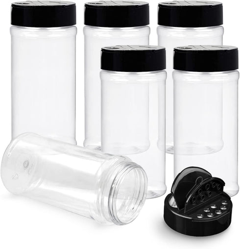 RoyalHouse 6 Pack 16 Oz Plastic Spice Jars with Black Cap, Clear and Safe Plastic Bottle Containers with Shaker Lids for Storing Spice, Herbs and ...