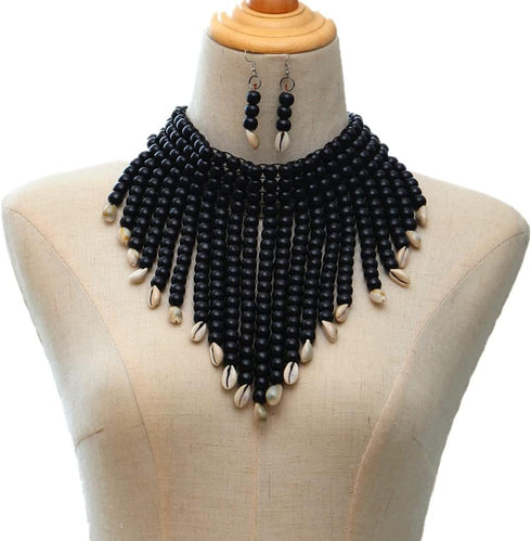 COLORFUL BLING Chunky Wooden Beaded Seed Bib Collar Necklace Boho Layered Africa Wood Shell Strand Choker Necklace Jewelry Set for Women...