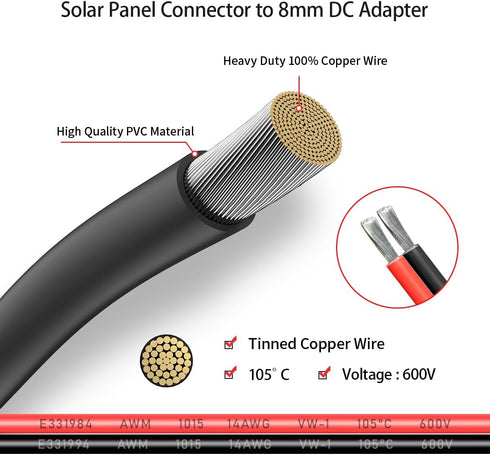 Solar Panel to DC 8MM Adapter,14AWG 6FT Solar Connector to DC 8MM Male Converter Cable with DC 5.5×2.5mm Converter for Portable Power Station Sola...