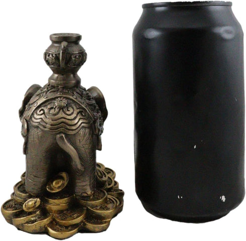 Ebros Small Feng Shui Auspicious Elephant Carrying Wealth Pot With Trunk Up Standing On Golden Coins Ingots And Nuggets Statue 4.25"Long Home Deco...