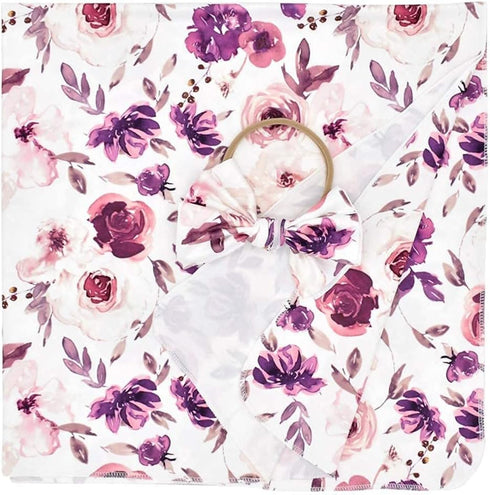 Baby Swaddle Blanket Newborn Girl Swaddle and Headband Set Purple Flowers Floral Print Wrap Shower Gift...