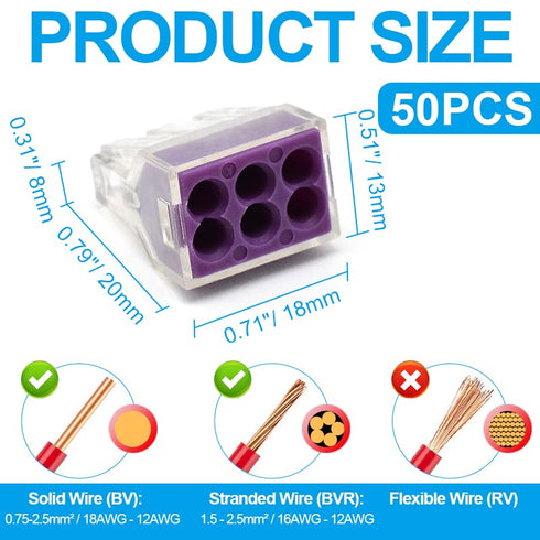 50pcs 6 Port Push-in Electrical Wire Connector, PCT-106 Quick Connection Terminal Compact Wire Connector for 18-12 AWG Solid Stranded Wires...