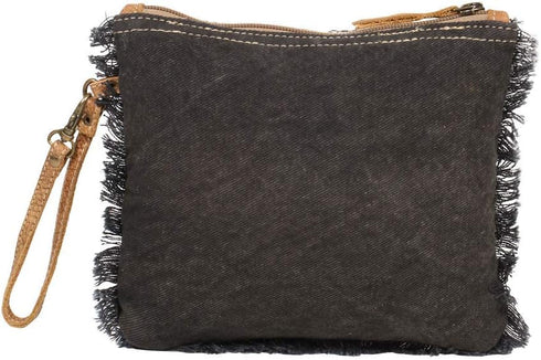 Myra Bag Second Impression Upcycled Canvas & Cowhide Leather Wristlet Pouch Bag S-1261...