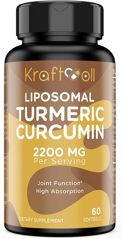 Liposomal Turmeric Curcumin Supplement 2200 mg with Black Pepper Extract 15 mg for High Absorption and Joint Function, 60 Softgels for Adults...