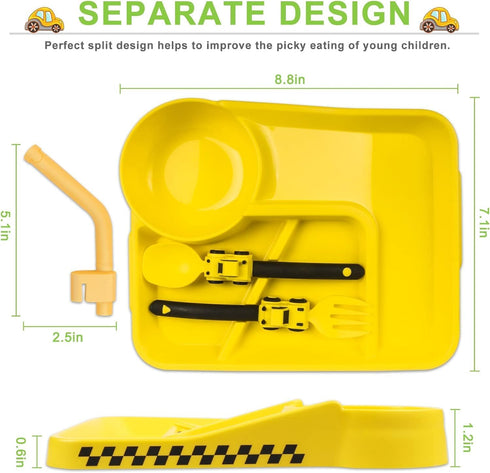 Construction Toddler Plates - Toddler Eating Utensil Set with Removable Straw - Toddler Utensils Set - Baby Plates Feeding Set - for Toddler Gifts...