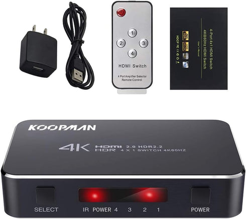 4K HDR HDMI Switch, Koopman 4 Ports 4K 60Hz HDMI 2.0 Switcher Selector with IR Wireless Remote, Supports UltraHD Dolby Vision, High Speed(Max to 1...