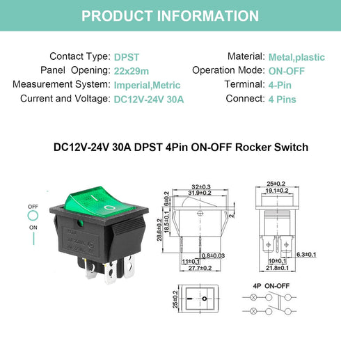 QTEATAK KCD4 2Pcs DC 12V-24V 30A DPST 4-Pin 2 Position ON/Off Boat Rocker Toggle Switch with Green LED Light (Only for DC12-24V)...