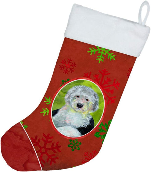 Caroline's Treasures LH9351-CS Old English Sheepdog Red Green Snowflakes Holiday Christmas Christmas Stocking Fireplace Hanging Stockings Christma...