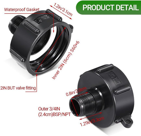 275 330 IBC Tote Adapter, IBC Tote Fitting 2" Coarse Thread X 3/4" BSP/NPT Male, Garden Hose Male G Hose Tote Adapter Drain Plug Connector(2 Pack)...