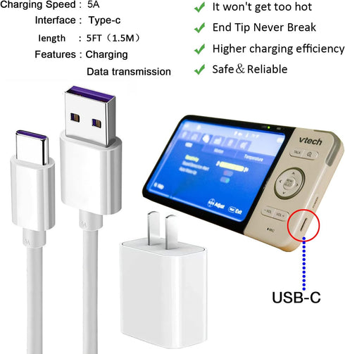 5V AC Power Adapter Charger and 5ft USB Charging Cord Cable Compatible with Vtech RM5754/HD/2HD, VTech RM5764/HD/2HD, VTech RM5864/HD/2HD, VTech R...