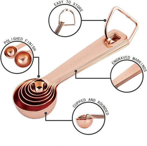 Copper Plated Stainless Steel Measuring Spoons Set, 6 Piece - 1/8 tsp & 1 tbsp, Fits Spice Jars...