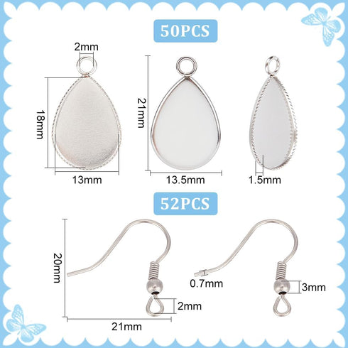 UNICRAFTALE 50 Sets Stainless Steel Earring Hooks with Drop Pendants Bezels DIY Bezel Earring Making Kits Ear Wires with Teardrop Pendant Cabochon...