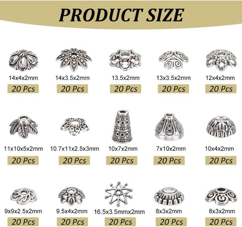 PH PandaHall 300Pcs Bead Caps, 15 Styles Flower Bead Cap Spacers Alloy Bead Cap Bails End Charm Caps Spacer Beads for Earring Bracelets Necklace J...