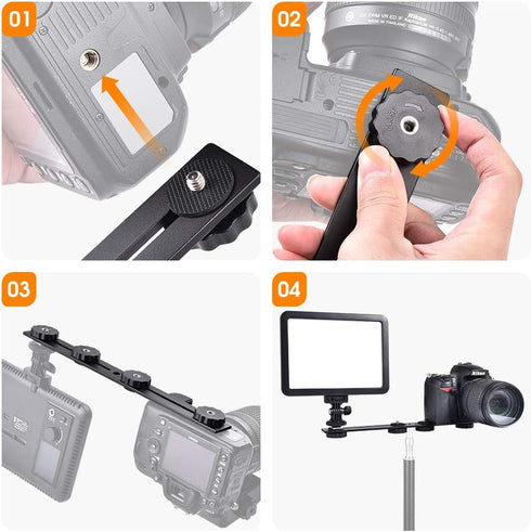 UTEBIT 11 inch Flash Bracket, Long Dual Camera Mount Flash Bracket Extension Bar with 1/4“ Hot Shoe, Straight Flash Brackets 1/4- 3/8 Thread Hole ...