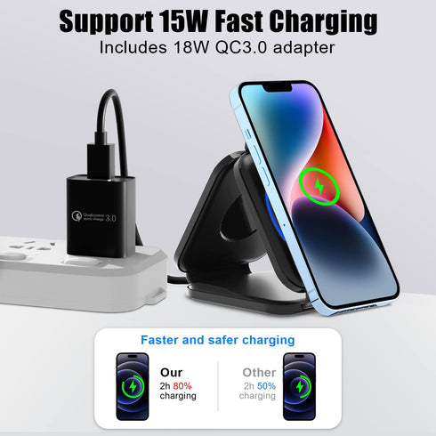Wireless Charger 3 in 1 with Adapter and Travel Case,Fast Wireless Charging Station,Wireless Charging Pad Compatible with iPhone 14/13/12/11 Serie...
