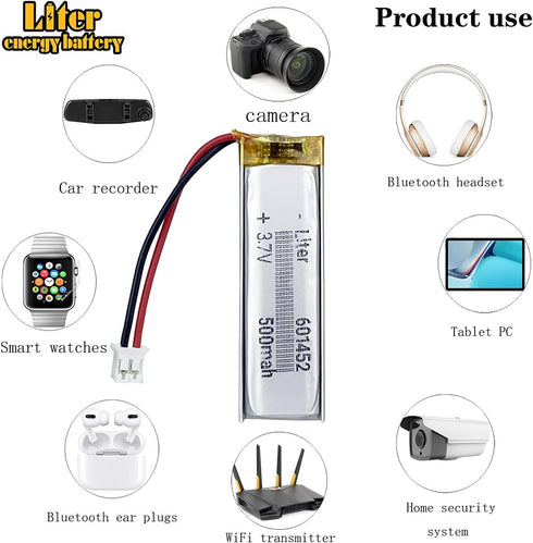 3.7V Lipo Battery 500mAh Rechargeable Lithium ion Polymer Battery 601452 Lithium Polymer ion Battery with JST Connector...
