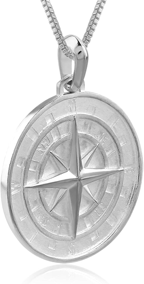 Hawaiian Silver Jewelry Compass Pendant Necklace for Men or Women with 20-Inch Chain, 925 Sterling Silver, Laser-Engraved Inscription, Nautical Je...