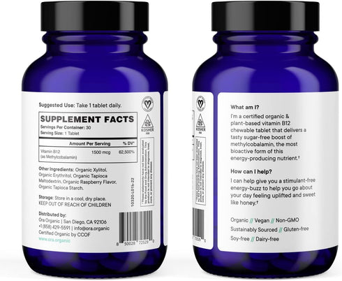 Ora Organic Vitamin B12 1500mcg - plant-based methylcobalamin for adults - Natural stimulant-free energy, Raspberry flavor chewable tablets, no ad...