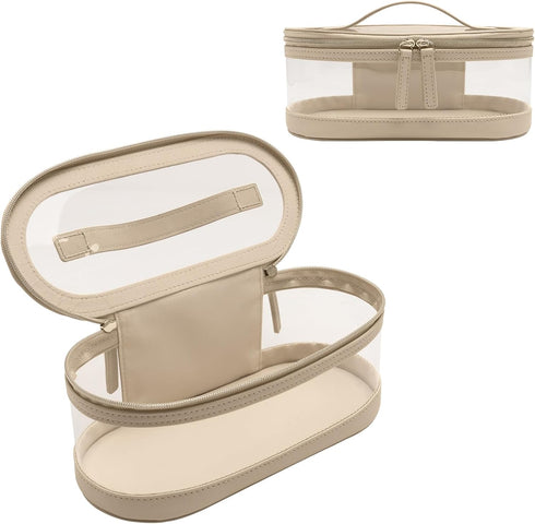 Clear Travel Makeup Bag Skincare Cases Beige With Double Zipper White Organizer Leather Stand Small Make Up Toiletry Cosmetic Storage Pouch…...