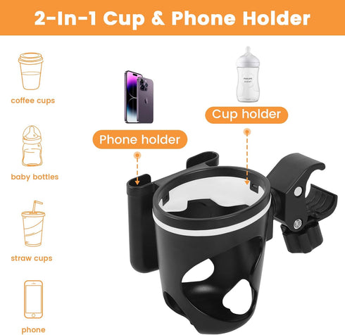 Stroller Cup Holder with Phone Holder, 2-in-1 Cup Phone Holder for Stroller, Bike, Wheelchair, Walker, Scooter, 360° Rotatable Large Caliber Desig...