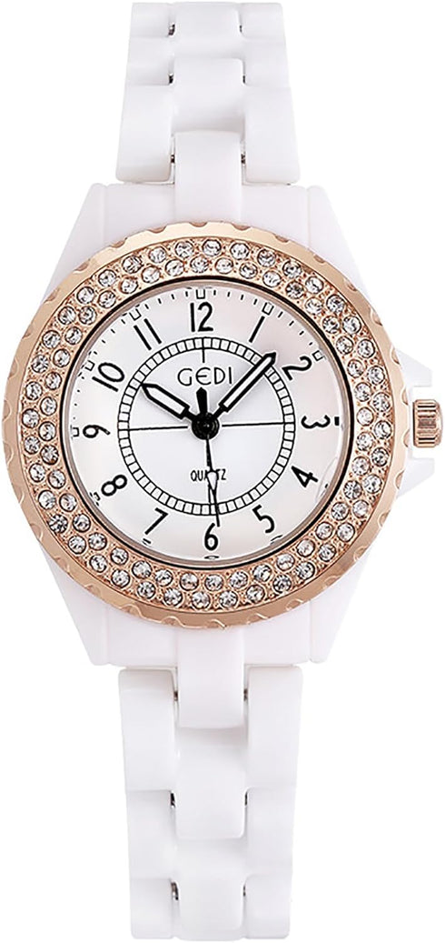 Womens Luxury Wrist Watch Fashion Rhinestone White Ceramic Watch Casual Lady Nice Dress Watches (Rose Gold)...