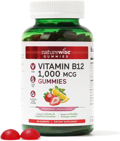 NatureWise Vitamin B12 Gummies for Adults, 1000 mcg - Strawberry Lemon Flavor - Supports Daily Energy, Mental Clarity, Cognitive Function - Vegan,...