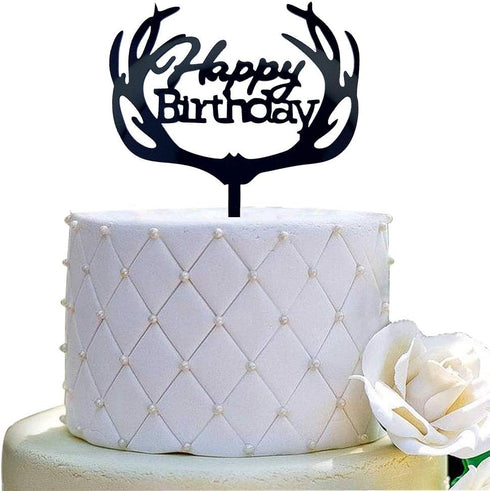 Antlers Happy Birthday Cake Topper Party Decorations (Black Acrylic)...