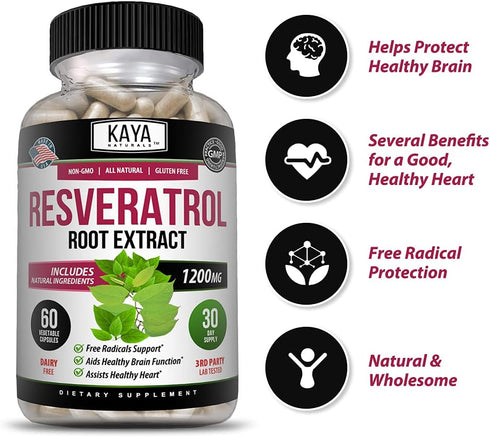 Kaya Naturals - Resveratrol Capsules - Anti Aging Supplement - Antioxidants with Brain Support - Maximum Benefits - 60 Veggies Capsules...