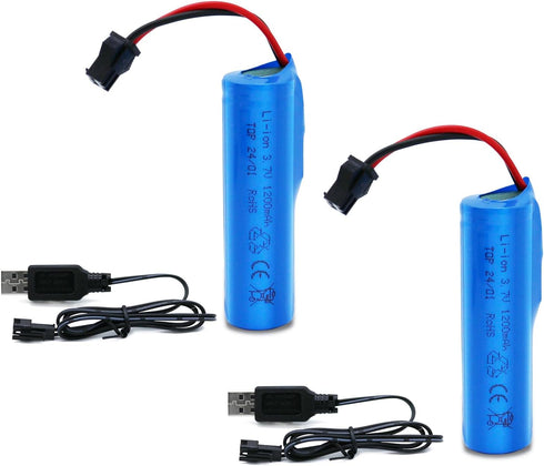3.7V Li-ion Battery 1200mAh - 2 Pack Rechargeable Batteries SM-2P Plug with 2 USB Charger Cable for Remote Control Cars Toy Monster Off-Road Truck...