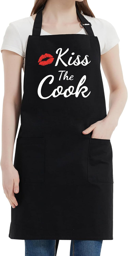 Funny Aprons for Women Men - Kiss the Cook Apron - Funny Chef Cooking BBQ Grill Aprons with 2 Pockets - Birthday Mothers Day Gifts for Mom, Wife -...