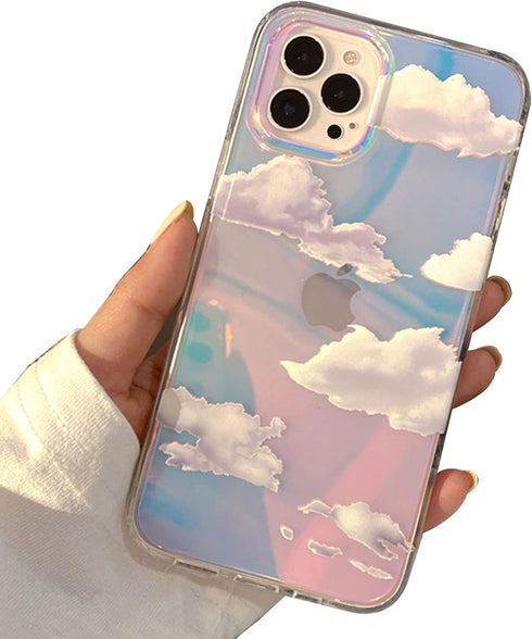 I-MGAE-IN-AR Phone Hard Case 6.1 inch Compatible with iPhone 15 Pro Case Cute 2023 Release Slim Cystal Clear Holographic White Cloud Women Girls, ...