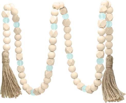 AceList Wood Bead Garland with Tassels, Geometric Wooden Craft Beads with Aqua Acrylic Beads, Boho Farmhouse Country Rustic Wall Hanging Rae Dunn ...