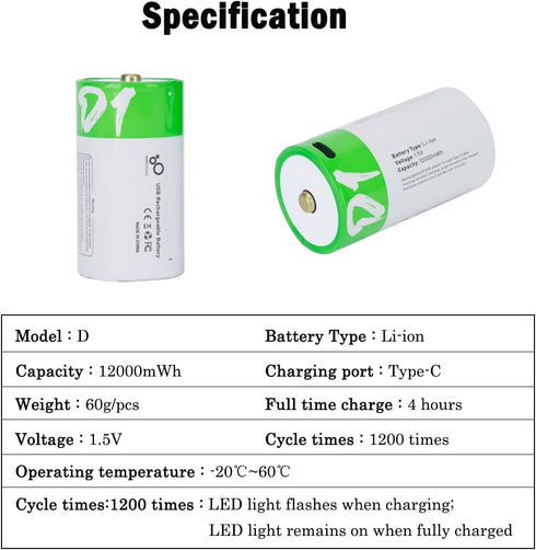 USB D Lithium ion Rechargeable Battery, 1.5V 12000mWh Rechargeable D Battery, 4 H Fast Charge, 1200 Cycle with Type C Port Cable, Constant Output,...