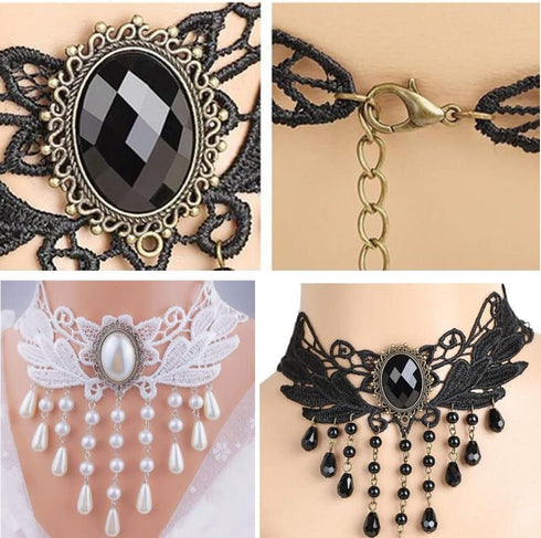2 Pack Black White Droplet Elegant Vintage Princess Lace Gothic Statement Necklace Bracelet Victorian Tassel Flower Choker Pendant Vampire Neck Ch...