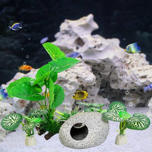 Aquarium Plants Fish Tank Decorations 6.6 inch Plastic Artificial Plant Goldfish Stone Cave Betta Fish Hides/Rest...