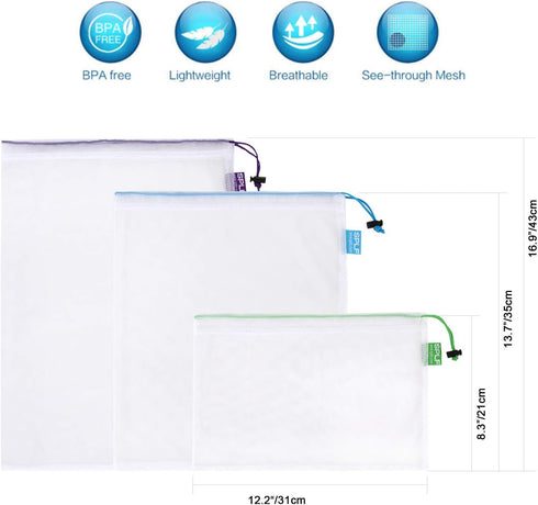 SPLF 12 Pcs Heavy Duty Reusable Mesh Produce Bags, Barcode Scanable See Through Food Safe Mesh Bags with Drawstring for Fruits, Vegetable, Food, T...