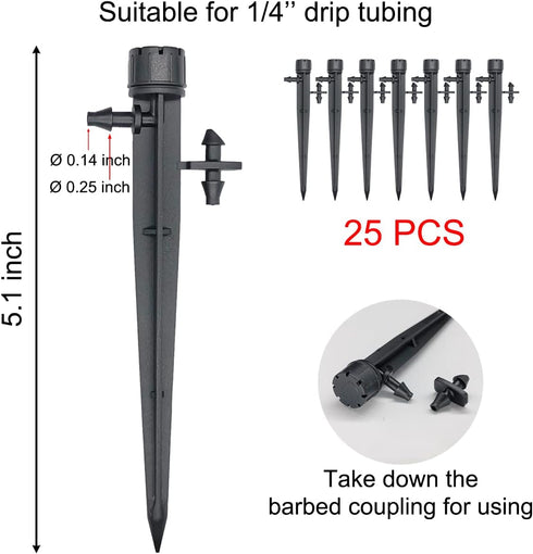 25 Pcs Drip Irrigation Emitters, Adjustable Flow 0-18 GPH Irrigation Drippers with Stake, 360 Degree Flow Sprinkler Head, Micro Sprinkler for Gard...