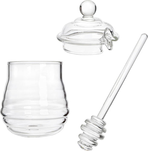 Lawei Glass Honey Jar with Dipper and Lid, 10 OZ Heat-Resistant Bee Hives Honey Pot, Clear Glass Honey Container for Store Honey and Syrup, Home a...
