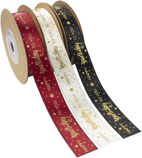 5/8 Inch Happy Birthday Ribbon 3 Roll 30 Yards Satin Ribbons with Gold Printed Gift Ribbon for Birthday Gift Wrapping Craft Hair Bows Party Suppli...