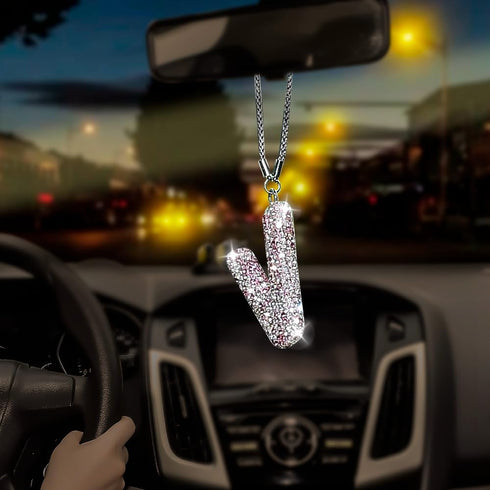 JSCARLIFE Bling Letter Pendant, Car Rear View Mirror Ornament Cute Hanging Crystal Pendant Bling Car Accessories, Lucky Diamond Rhinestone Women C...