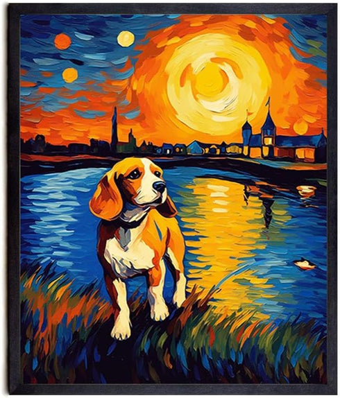 Bestbuddy Pet 11X14 Unframed Starry Night Van Gogh Inspired Beagle Dog by the Lake Farm House Family Animal Pet Family Oil Painting Art Print Post...
