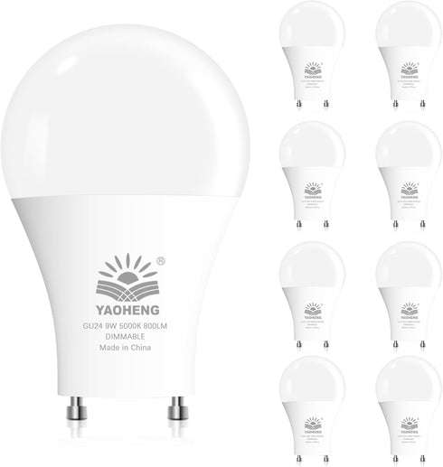 GU24 LED Light Bulb, A19 Shape Bulbs, 9W (60W Equivalent), 5000K Daylight, 800 Lumens, Dimmable 2 Prong Light Bulbs, GU24 Twist Lock Base, ETL Lis...