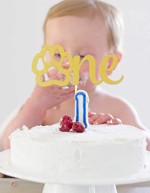 Gold Paw One Cake Topper - Golden Glitter Cardstock 1st Birthday Cake Smash Party Decoration Supplies for Baby, Single Sided Dog Paw First Birthda...