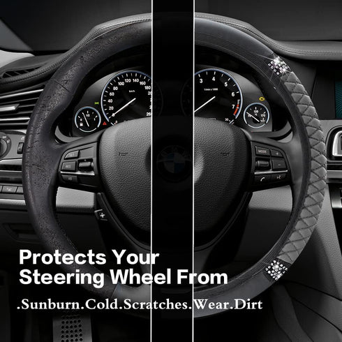 Diamond Leather Steering Wheel Cover,Bling Soft Leather Steering Wheel Cover for Women Girls,Universal 15 Inch Breathable Anti-Slip Car Wheel Prot...
