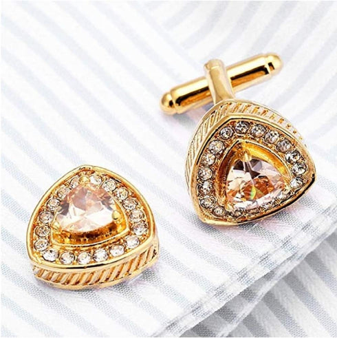 V & L Gold Crystal Cuff links Yellow – Fancy Unique Elegant Sparkling Luxury Gem Stone Cufflinks for men in Triangle - Perfect for Wedding, Formal...