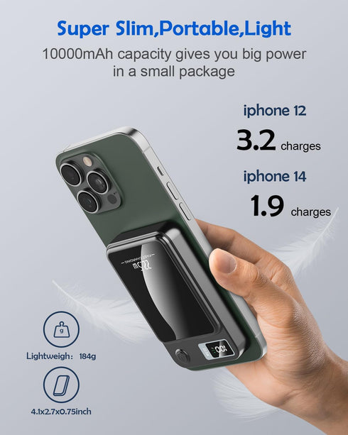 Magnetic Wireless Power Bank, 10000mAh Portable Charger with 15W Fast Wireless Charging 22.5W USB PD QC3.0 Type-C LED Display Battery Pack Compati...